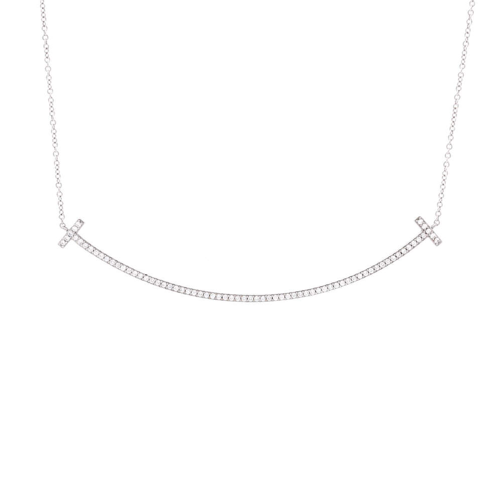 Tiffany & Co. Large T Smile Pendant Necklace 18K White Gold with Diamonds